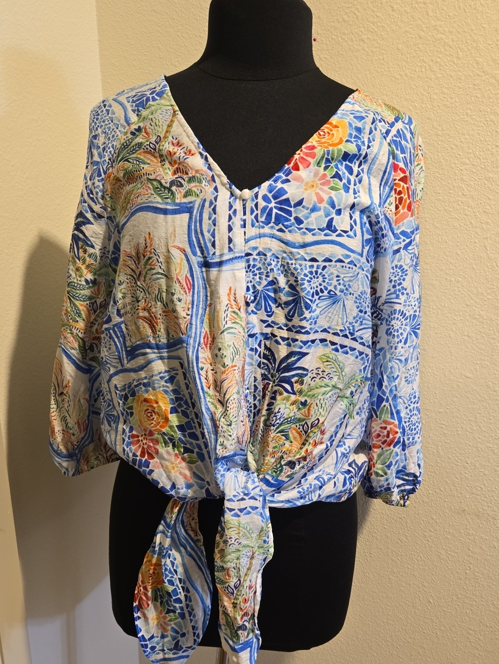 Blue Floral Mosaic Tie-Front Women's Blouse - V-Neck